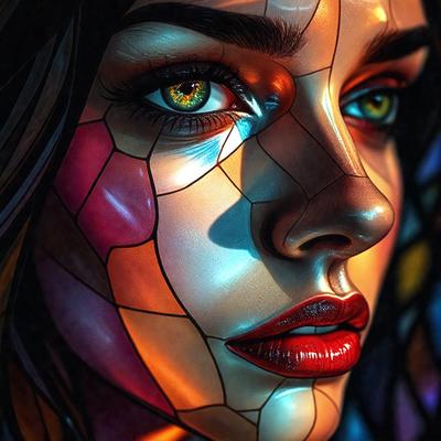 The primary subject of the image is a woman with a unique and artistic appearance. She has a distinctive look, possibly due to her eyes being painted in different colors. The setting is a room with a window, and the visual style is a combination of photo and digital art. The colors and mood of the image are vibrant and creative, with the woman's face being the main focus of the artwork.